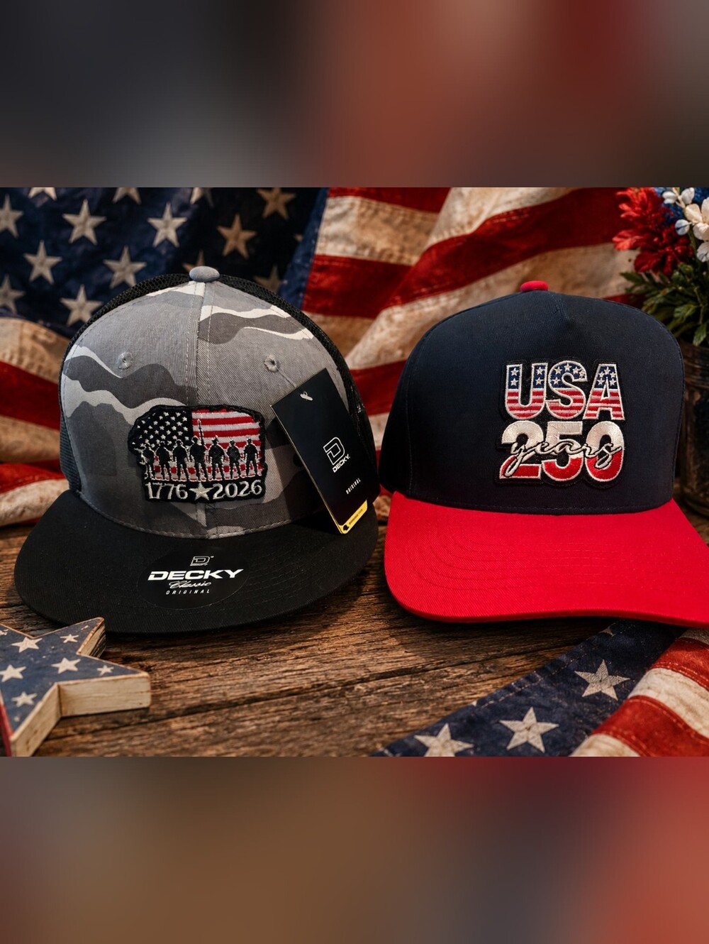 Gray Camo Or Navy Trucker Hat with Red Brim - USA 2026 Patch